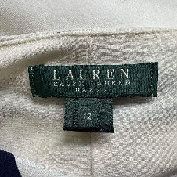 Ralph Lauren Navy White Striped Cap Sleeve Ruched Waist Drape Neck Dress sz‎ 12 - Picture 8 of 12